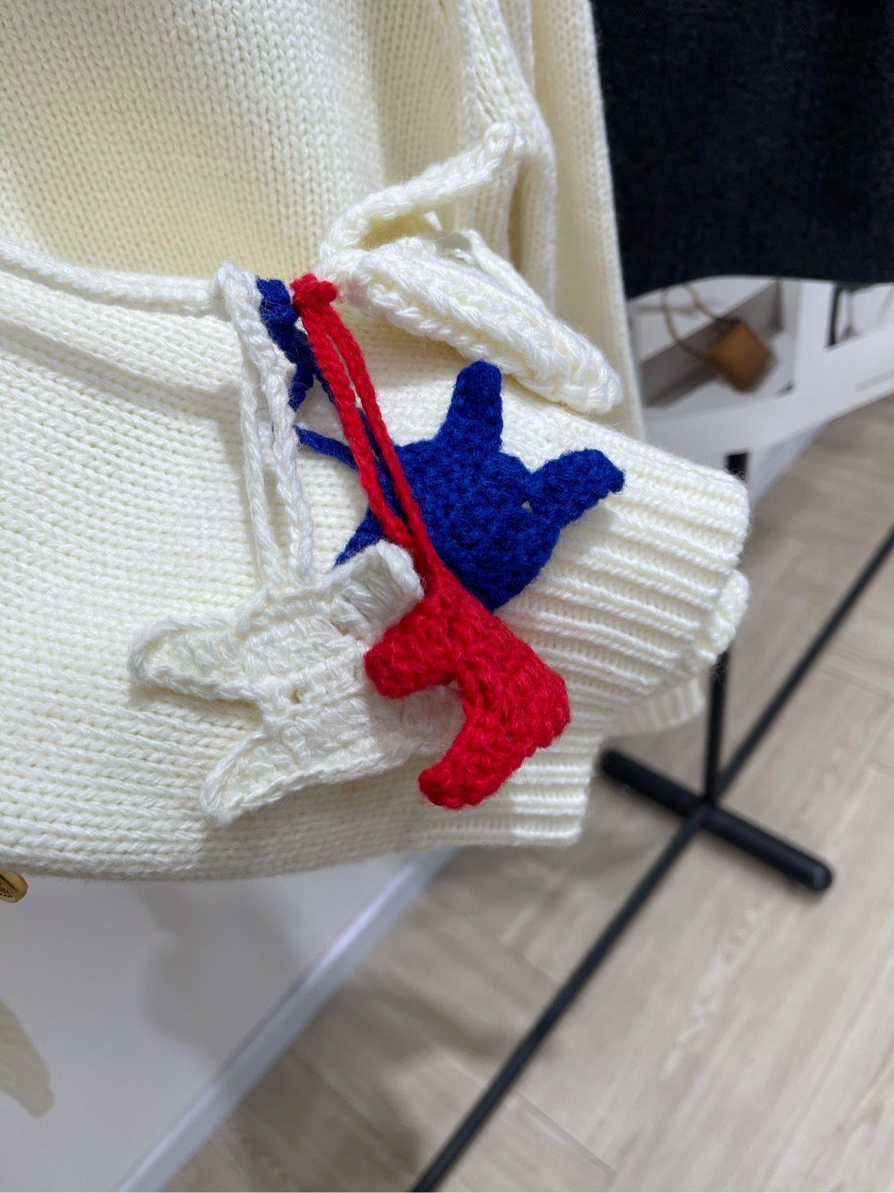 CE Beige Crew Neck Sweater with Brooch Decoration Wool Blend 320825