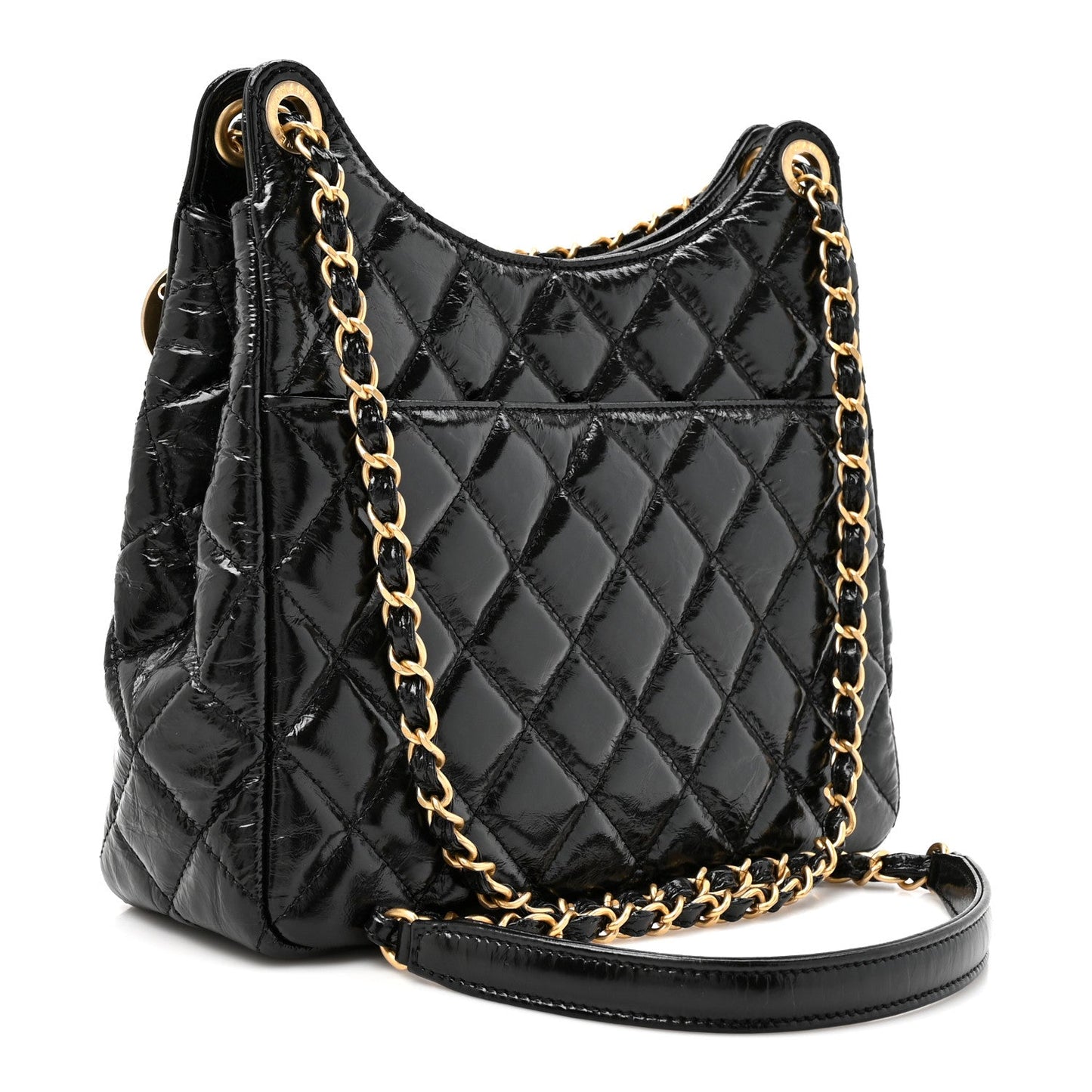Shiny Crumpled Calfskin Quilted Wavy CC Hobo Black