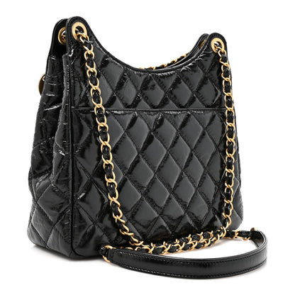 Shiny Crumpled Calfskin Quilted Wavy CC Hobo Black