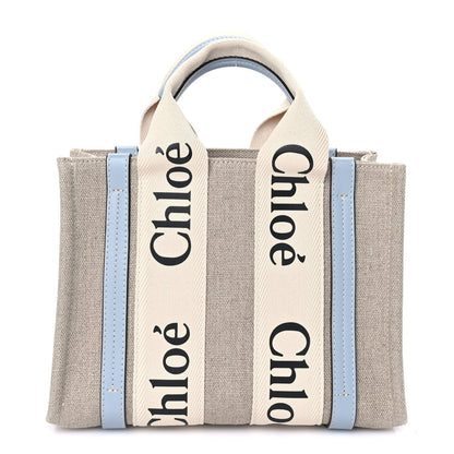 Cotton Calfskin Small Woody Ribbon Tote With Strap Light Blue