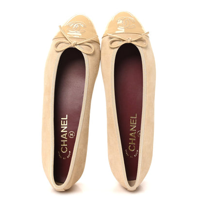 Suede Patent Calfskin Cap Toe CC Ballerina Flats 39.5 Beige