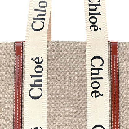 Linen Calfskin Medium Woody Ribbon Tote  White Brown