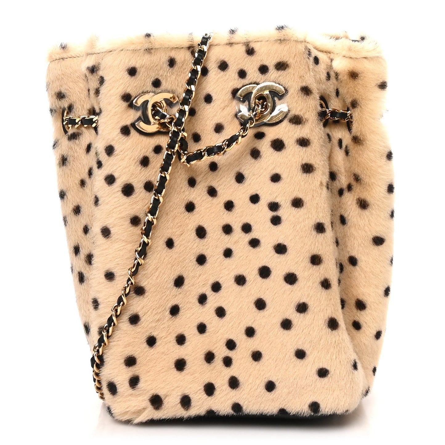 Pony Hair Cheetah Printed CC Chain Bucket Bag Light Beige Black Light Beige Black
