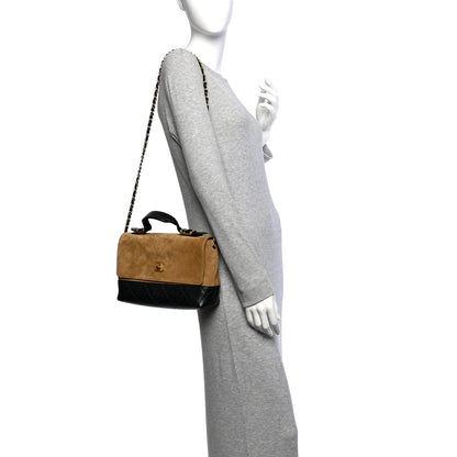 Suede Calfskin Shiny Lambskin Quilted Coco Base Flap Top Handle Bag Beige Black