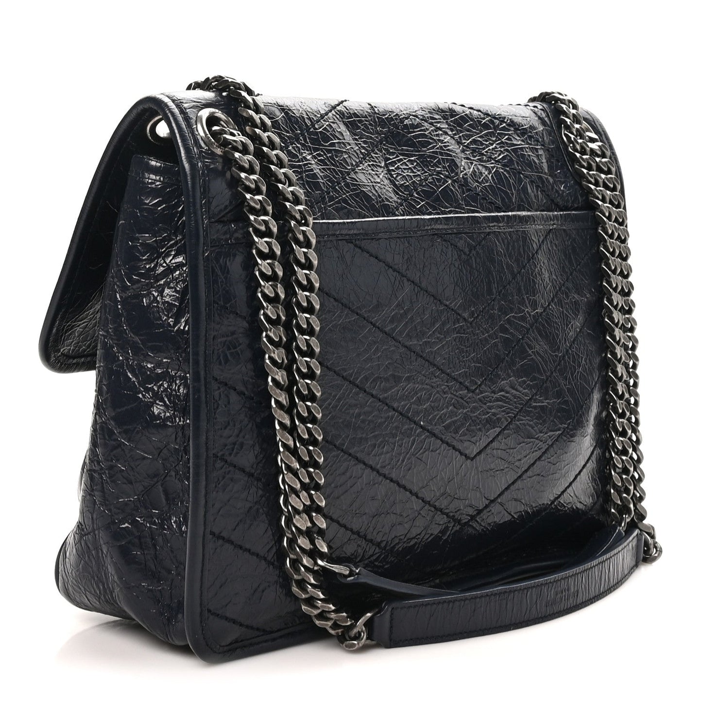 Crinkled Calfskin Matelasse Monogram Medium Niki Chain Satchel Deep Marine