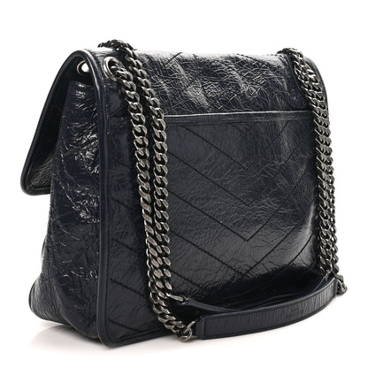 Crinkled Calfskin Matelasse Monogram Medium Niki Chain Satchel Deep Marine
