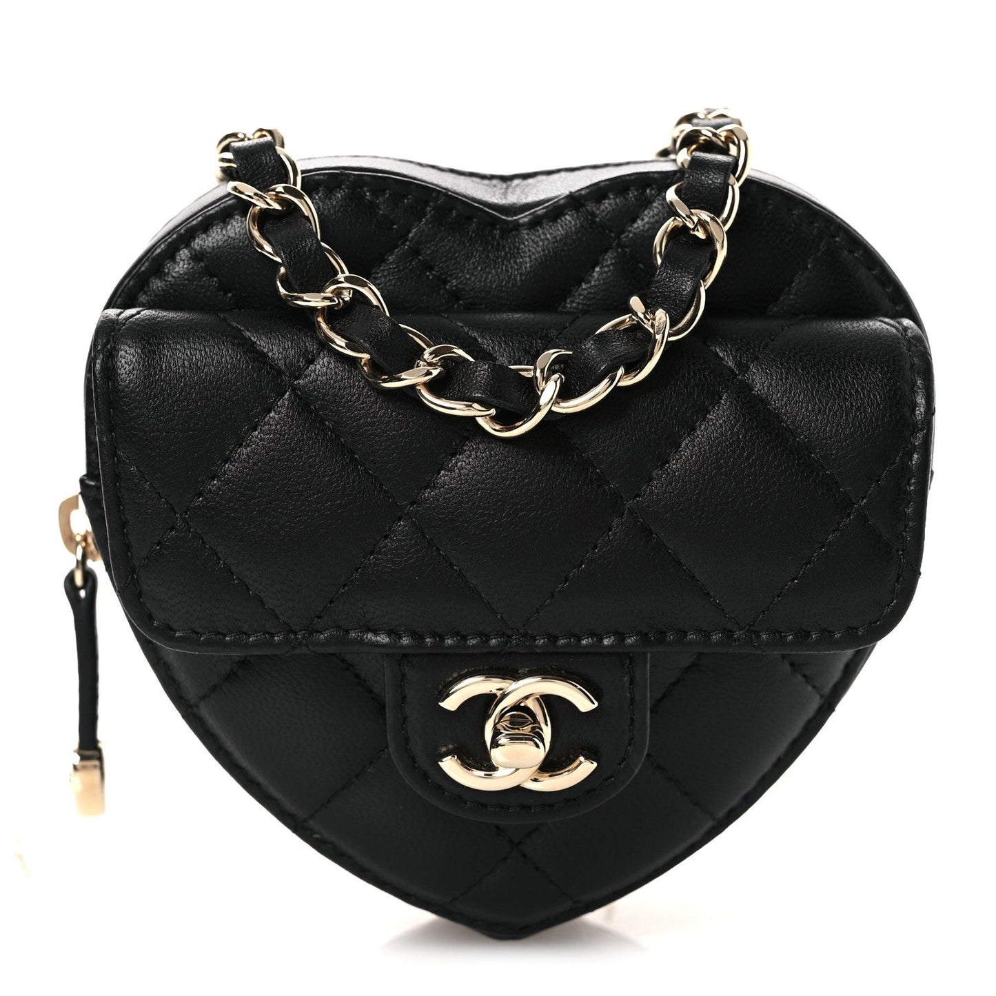 Lambskin Quilted CC In Love Heart Waist Belt Bag With Chain Black