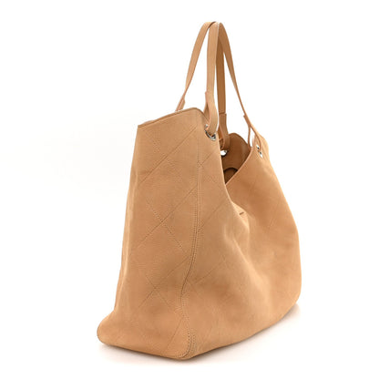 Grained Nubuck Calfskin Quilted Maxi Shopping Bag Beige
