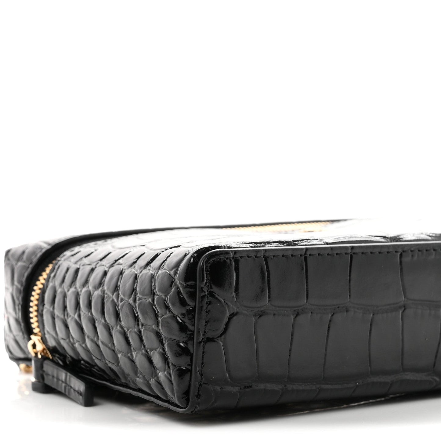Calfskin Crocodile Embossed Crococo Top Handle Slim Vanity Case With Chain Black