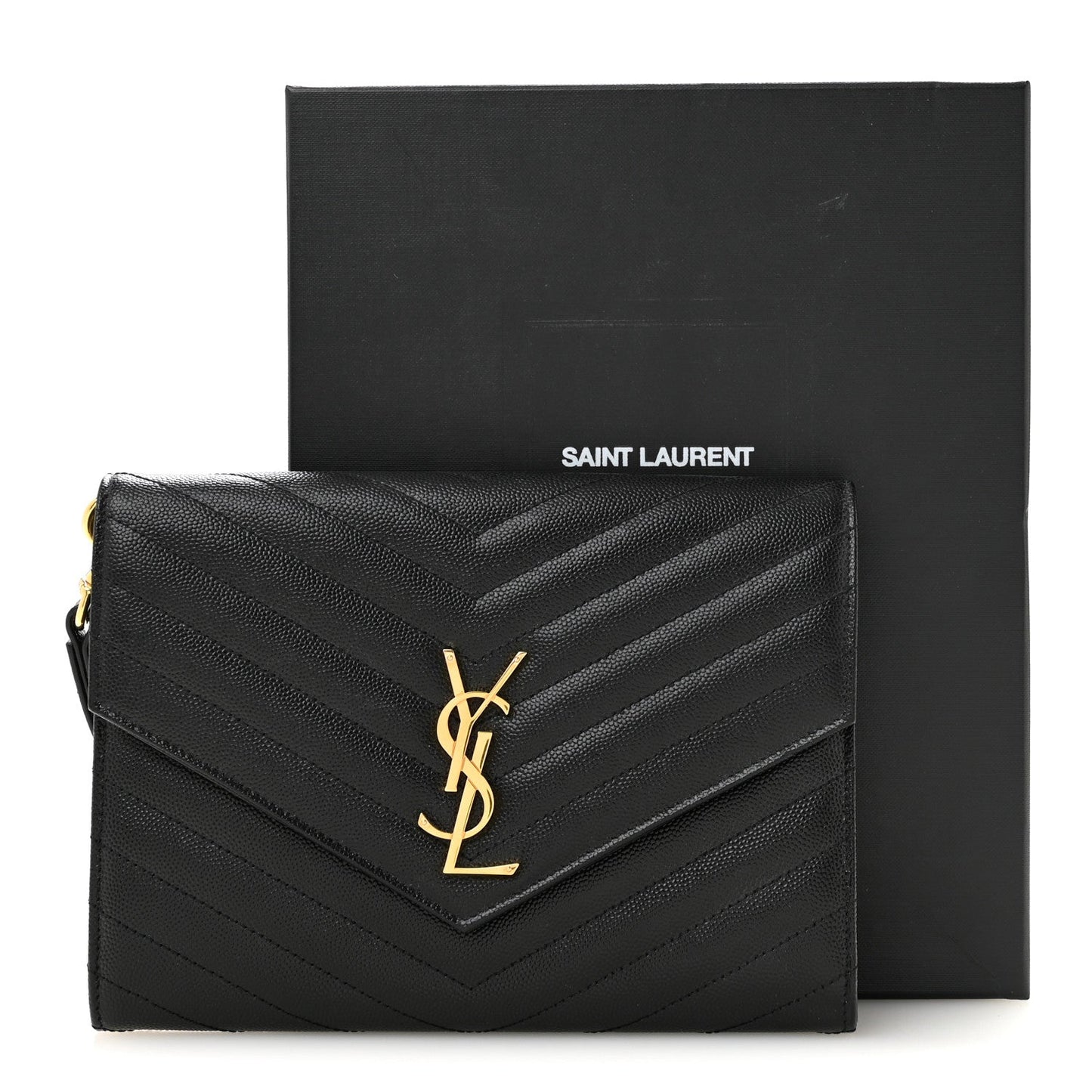 Grain De Poudre Matelasse Chevron Monogram Envelope Clutch Black