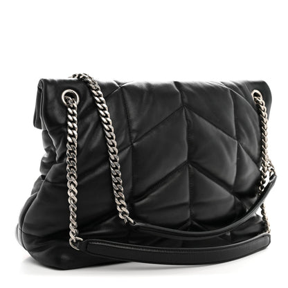 Lambskin Quilted Medium Loulou Puffer Monogram Chain Satchel Black