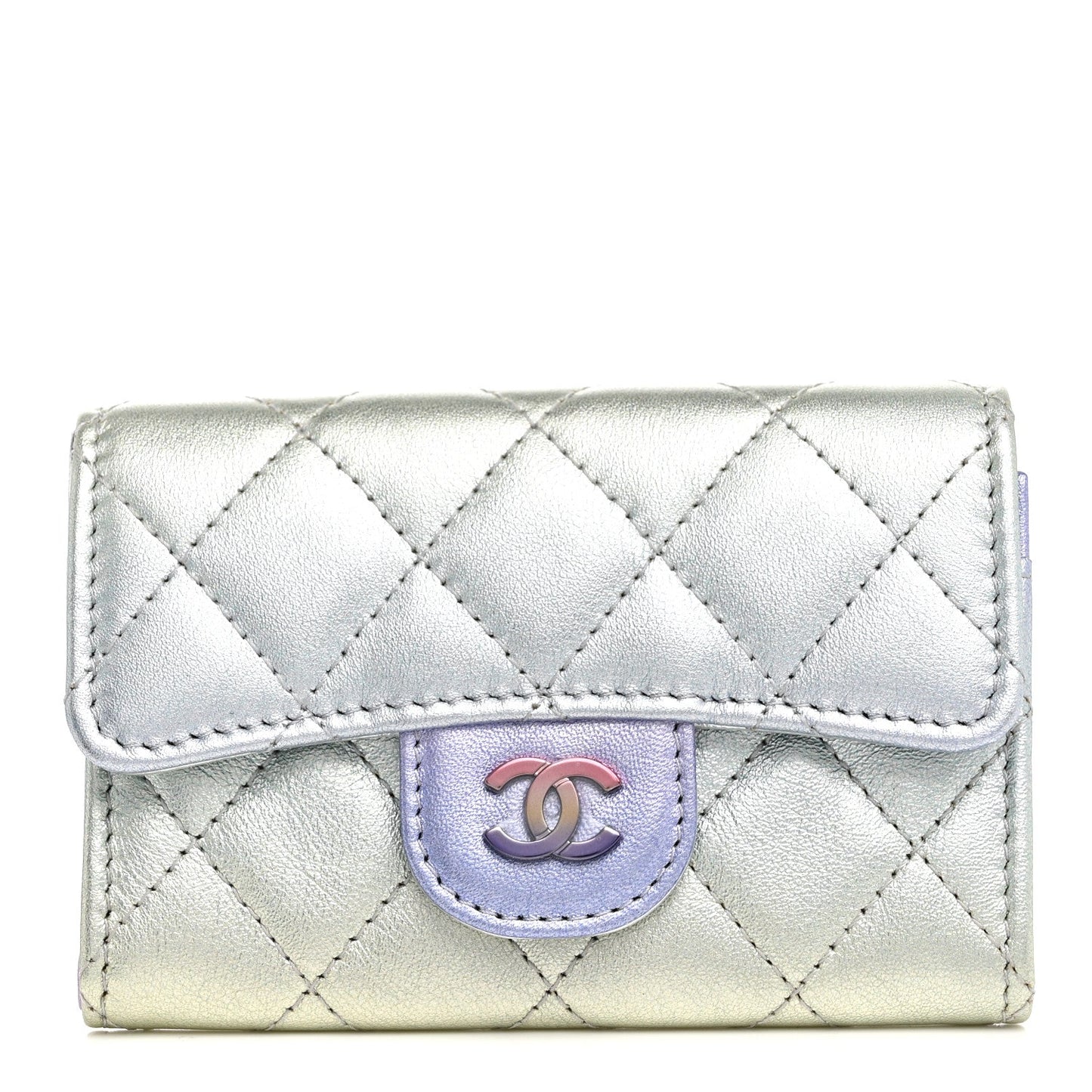 Gradient Metallic Calfskin Quilted Flap Card Holder Wallet Silver Blue Yellow Purple