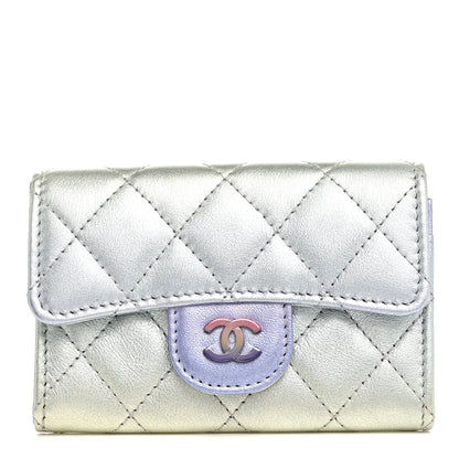 Gradient Metallic Calfskin Quilted Flap Card Holder Wallet Silver Blue Yellow Purple