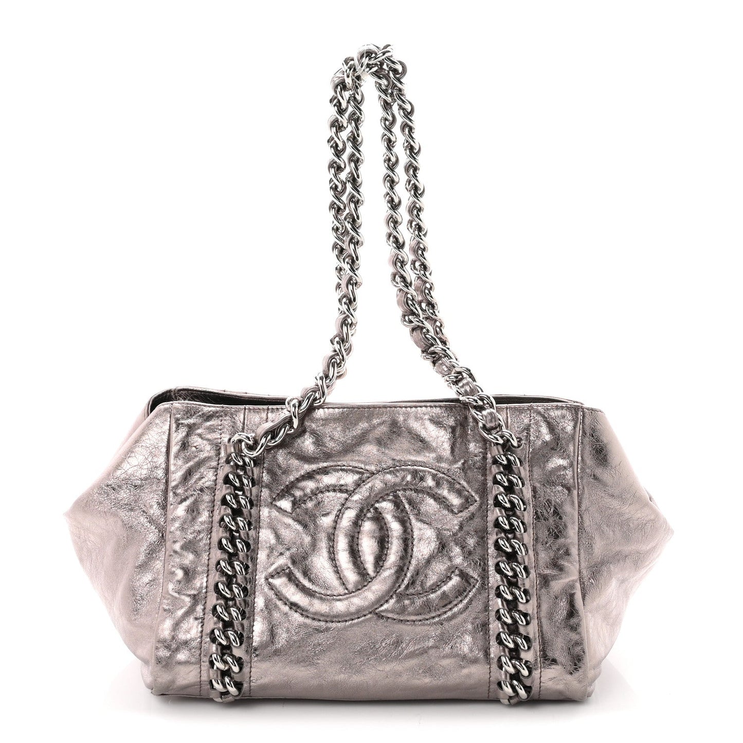 Metallic Cracked Calfskin Modern Chain Tote Dark Silver