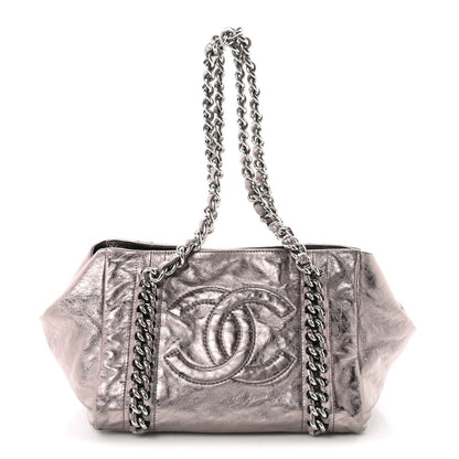 Metallic Cracked Calfskin Modern Chain Tote Dark Silver