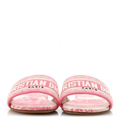Canvas Toile de Jouy Embroidered Dway Flat Slide Sandals 37 Off White Pink