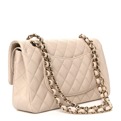 Caviar Quilted Medium Double Flap Ecru