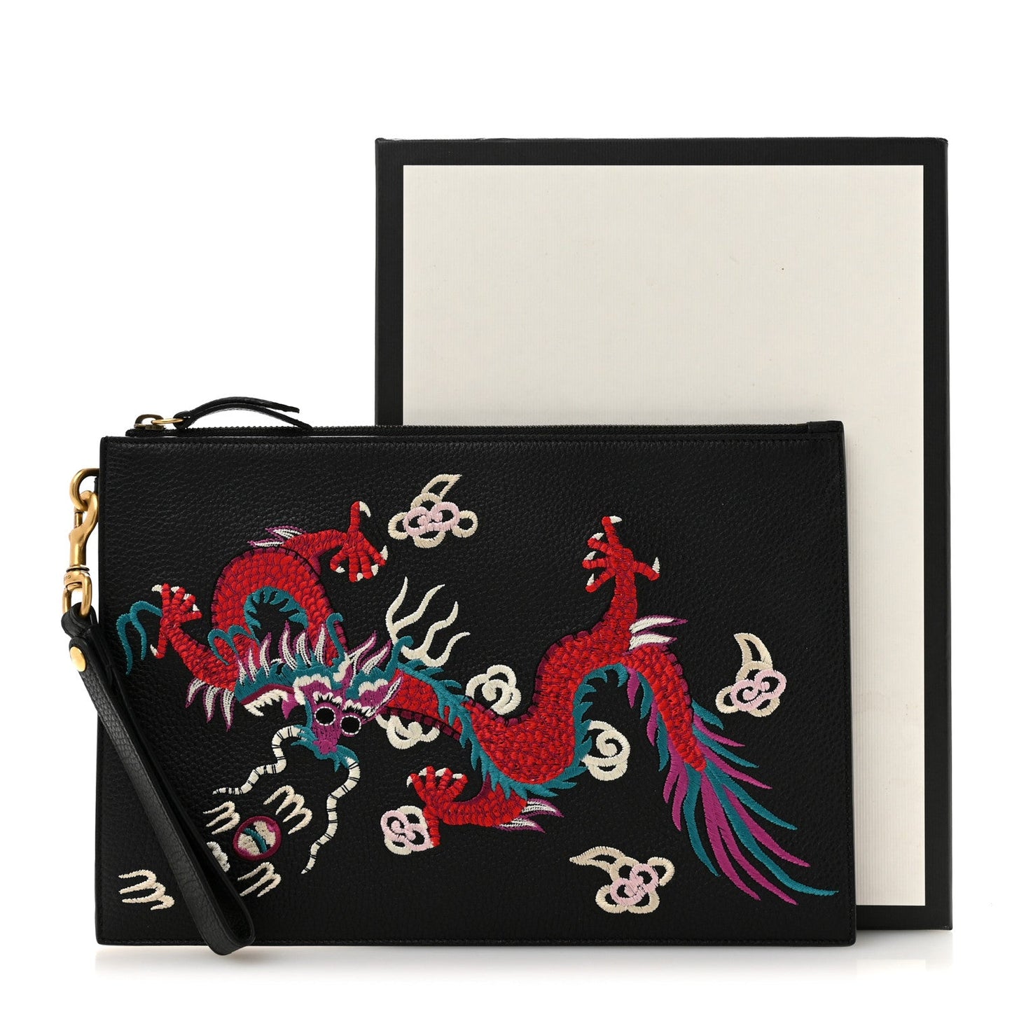 Calfskin Chinese Dragon Embroidered Zip Wristlet Pouch Multicolor Black