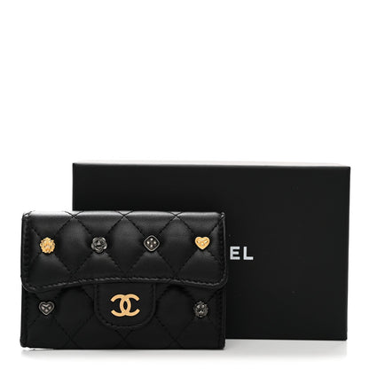 Lambskin Quilted Lucky Charms Flap Card Holder Wallet Black