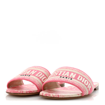 Canvas Toile de Jouy Embroidered Dway Flat Slide Sandals 37 Off White Pink
