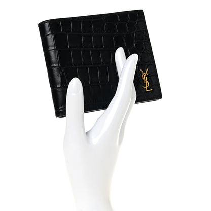 Calfskin Crocodile Embossed Tiny Cassandre East West Wallet Black