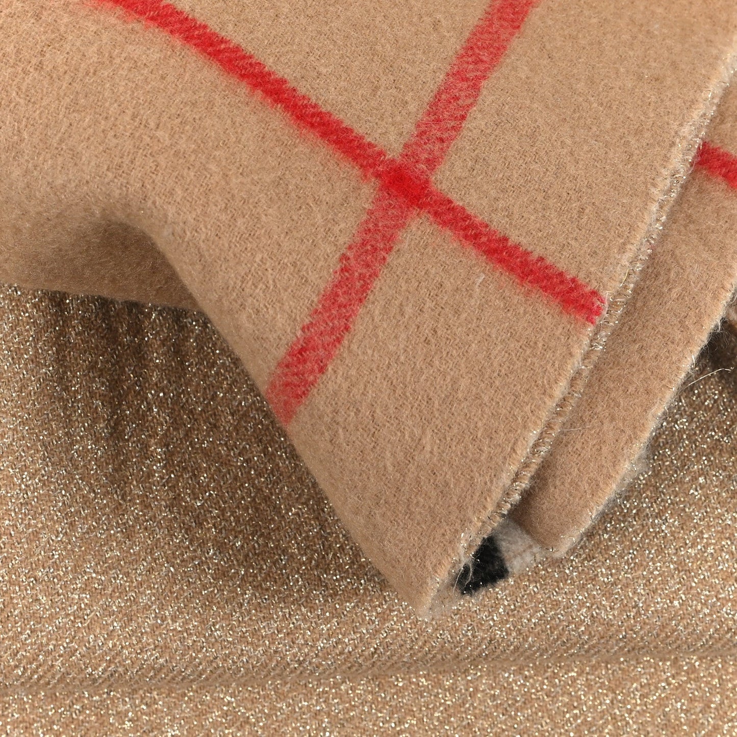 Cashmere Glitter Giant Check Fringe Scarf Camel