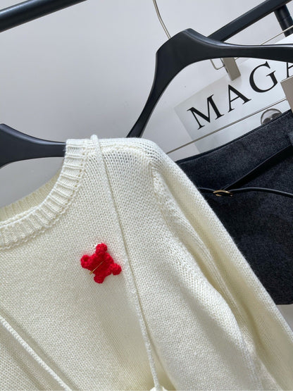 CE Beige Crew Neck Sweater with Brooch Decoration Wool Blend 320825