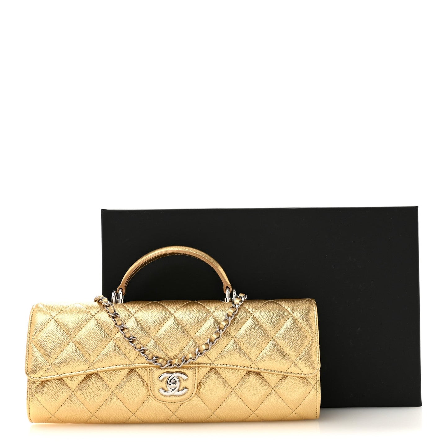 Metallic Caviar Quilted Top Handle Long Clutch With Chain Gold