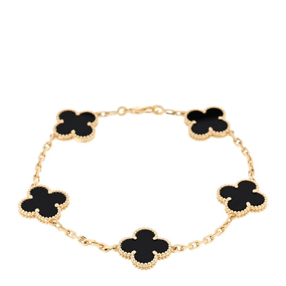 18K Yellow Gold Black Onyx 5 Motifs Vintage Alhambra Bracelet