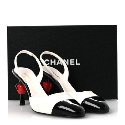 Lambskin Patent Calfskin Cap Toe CC Apple Slingback Pumps 40 White Black