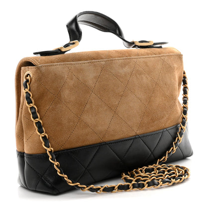 Suede Calfskin Shiny Lambskin Quilted Coco Base Flap Top Handle Bag Beige Black