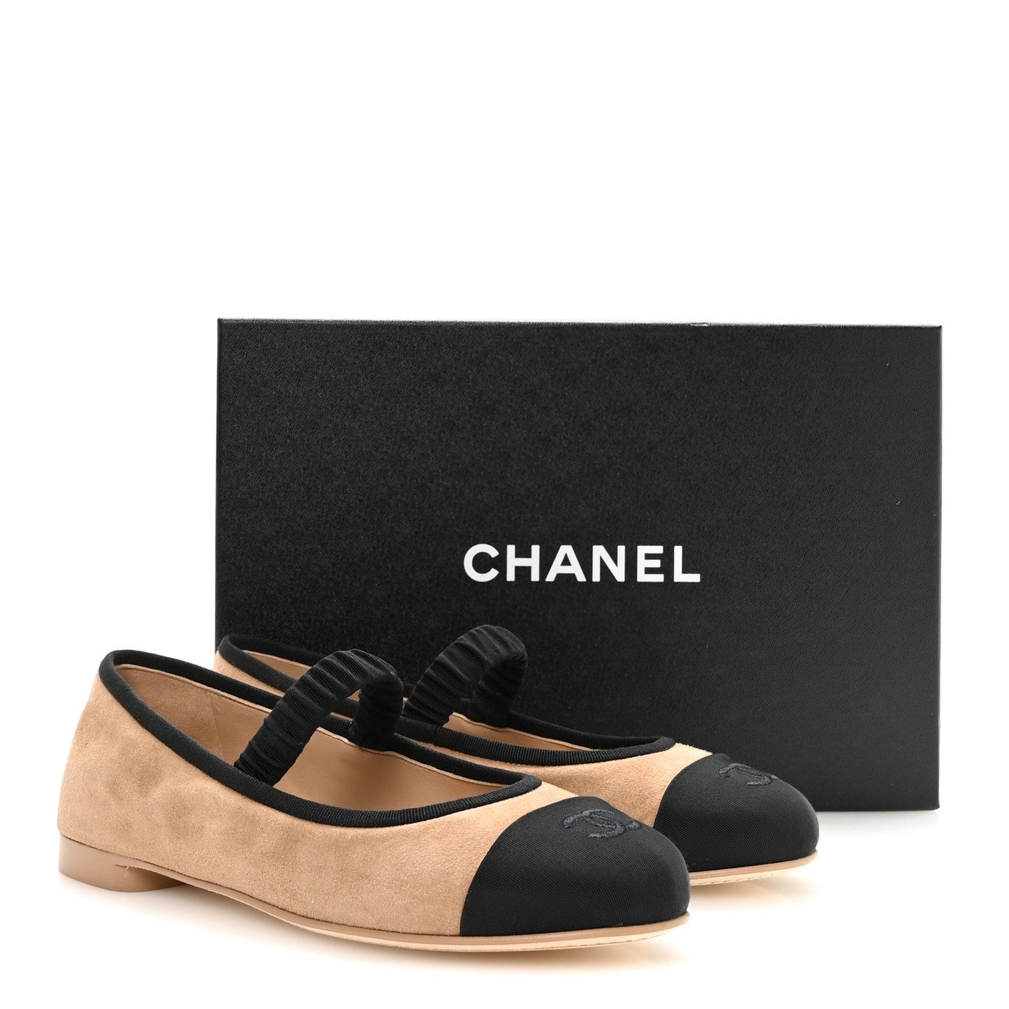 Suede Kidskin Grosgrain Mary Jane Flats 38 Beige Black