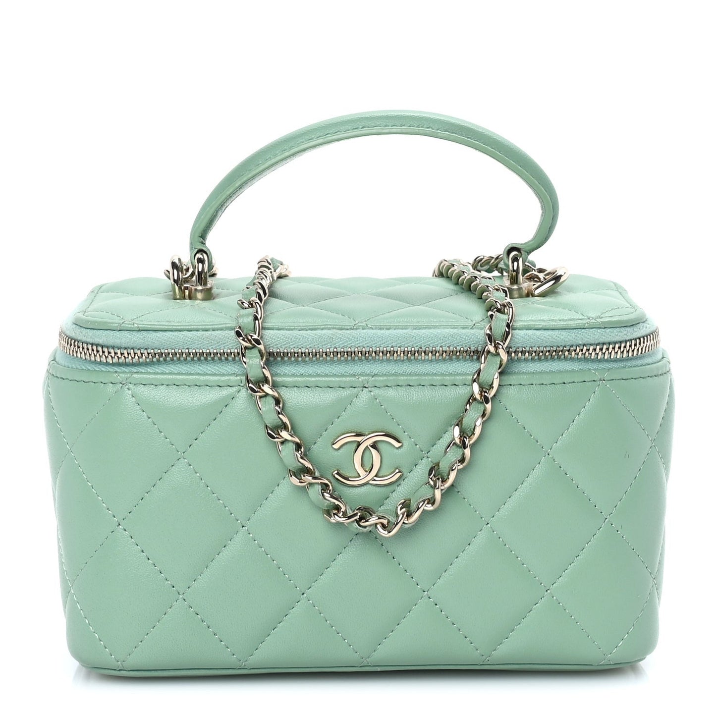 Lambskin Quilted Small Top Handle Vanity Case With Chain Light Green Light Green