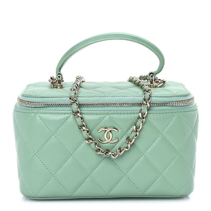 Lambskin Quilted Small Top Handle Vanity Case With Chain Light Green Light Green
