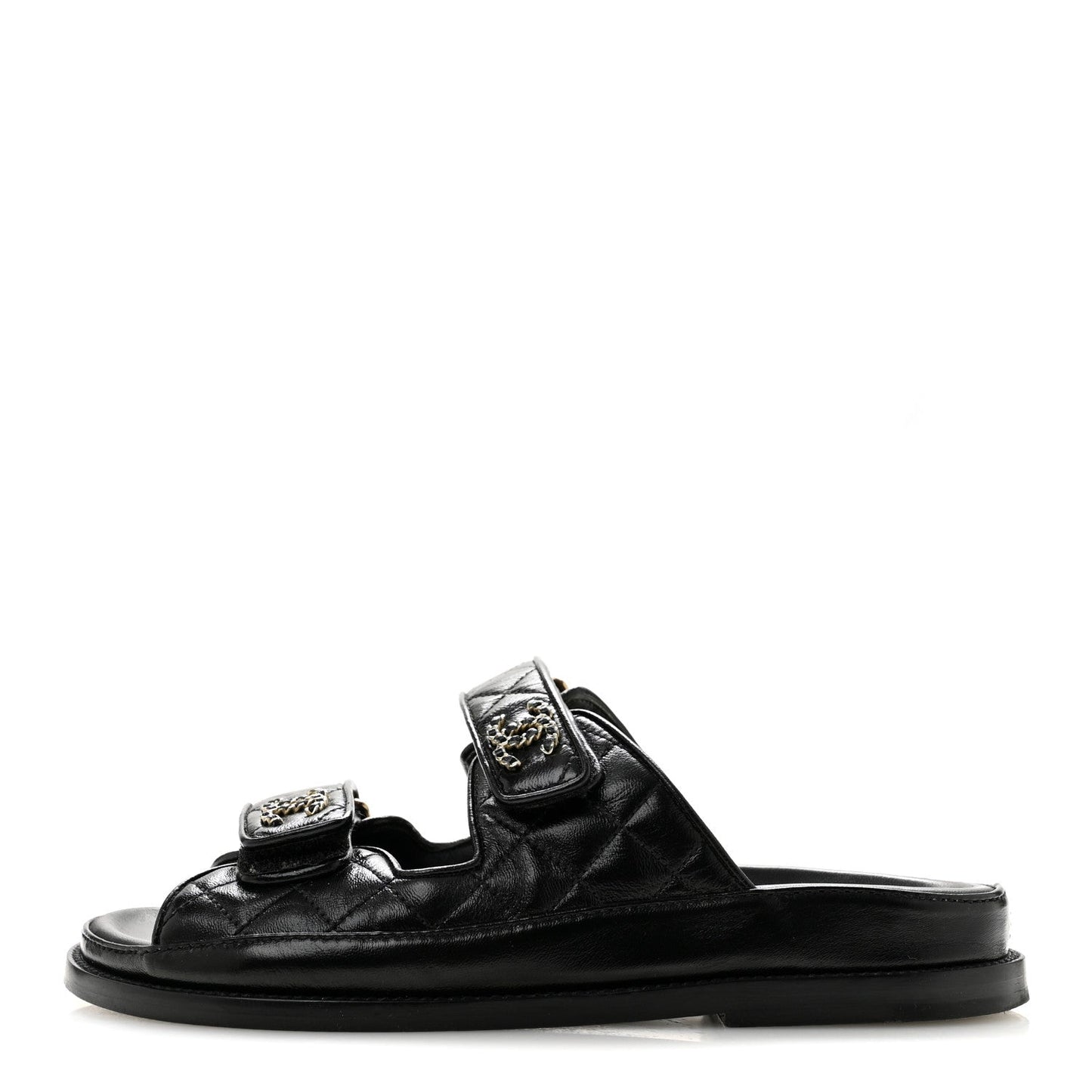 Lambskin Quilted Velcro Dad Chain CC Slide Sandals 36 Black