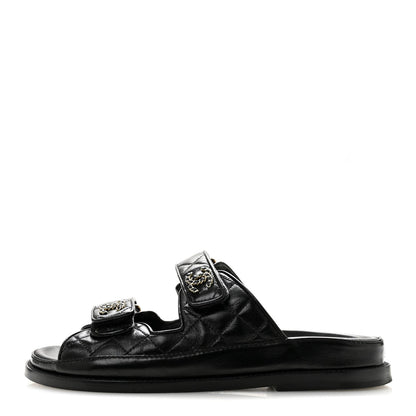 Lambskin Quilted Velcro Dad Chain CC Slide Sandals 36 Black