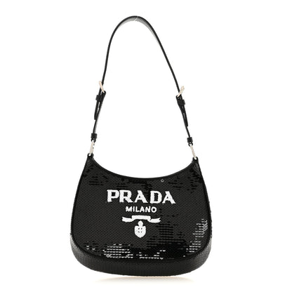 Paillettes Sequin Logo Cleo Adjustable Strap Shoulder Bag Black White