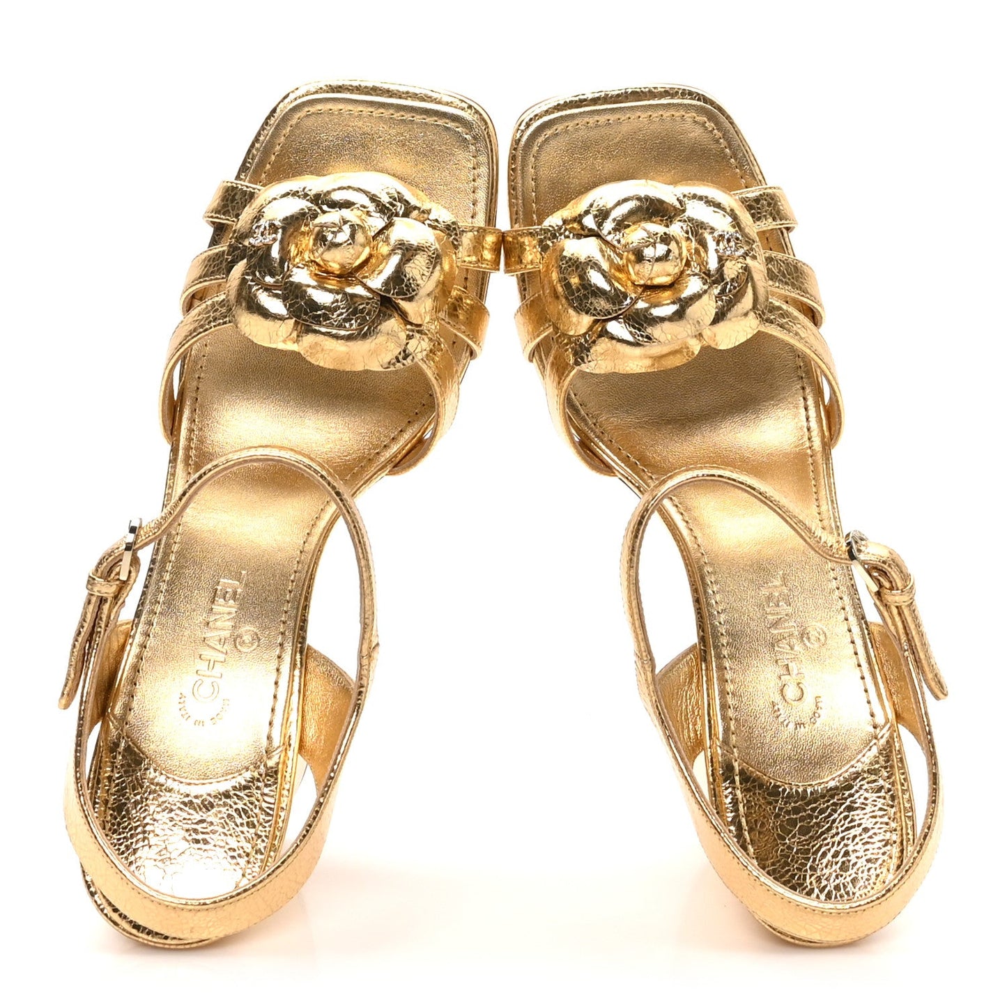 Crackled Laminated Calfskin Camellia Sandals 39.5 Gold