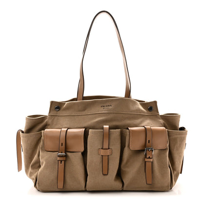 Canvas Calfskin Large Route Shoulder Bag Khaki