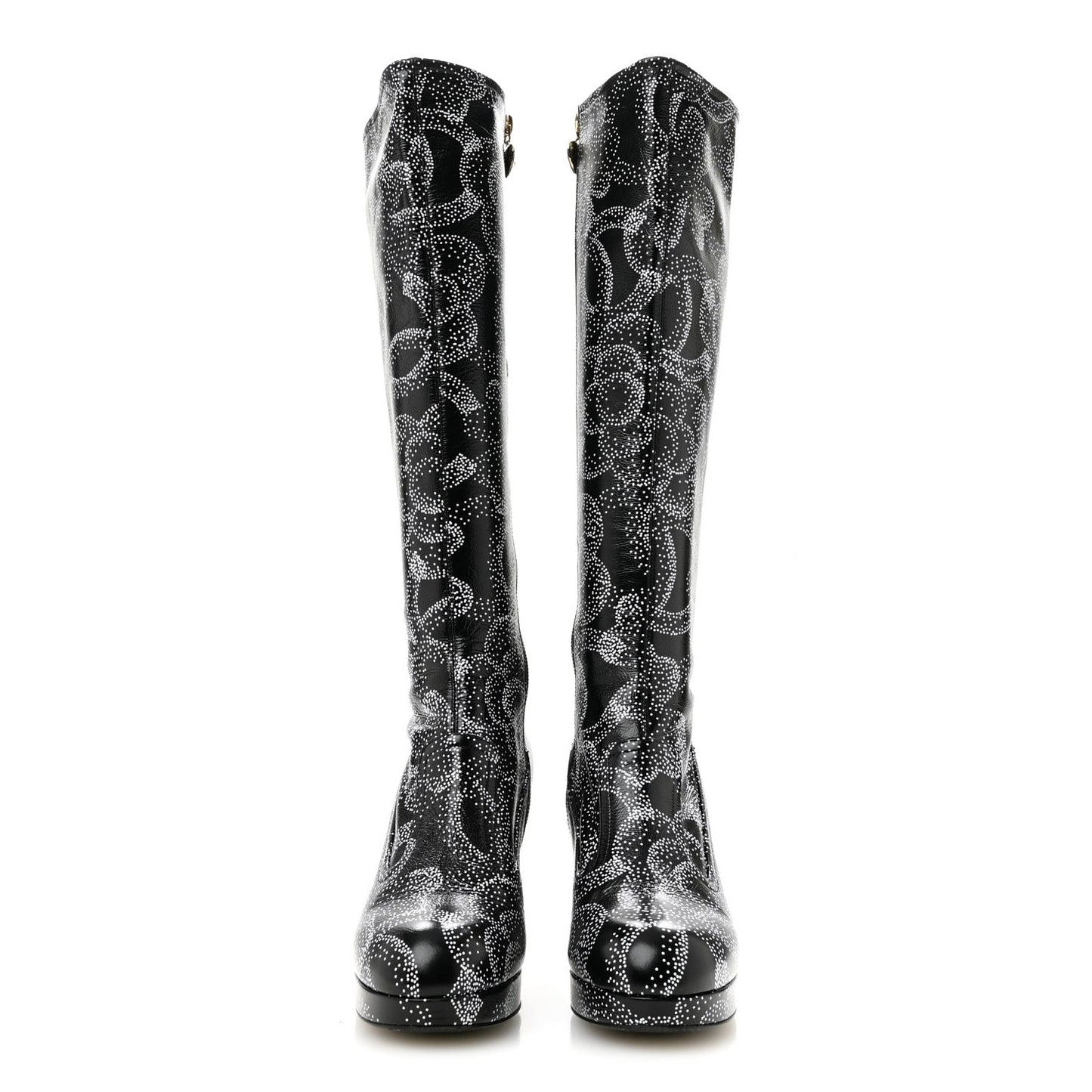Calfskin Camellia Printed High Boots 37.5 Black White