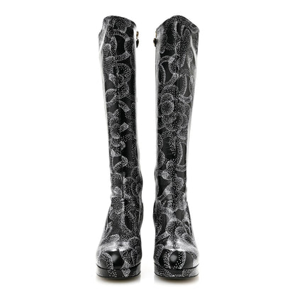Calfskin Camellia Printed High Boots 37.5 Black White