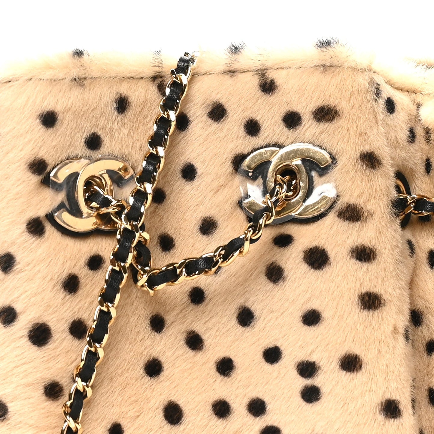 Pony Hair Cheetah Printed CC Chain Bucket Bag Light Beige Black Light Beige Black
