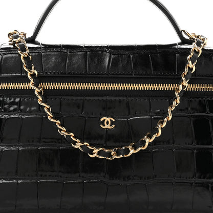 Calfskin Crocodile Embossed Crococo Top Handle Slim Vanity Case With Chain Black