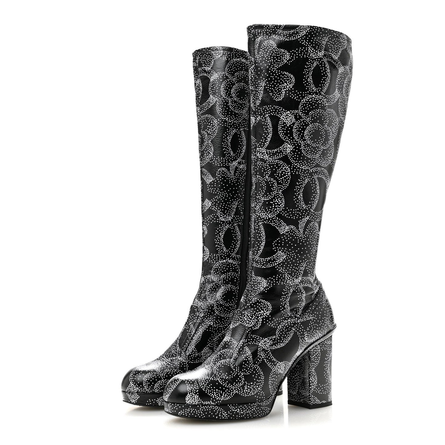 Calfskin Camellia Printed High Boots 37.5 Black White