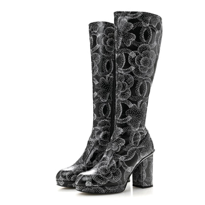 Calfskin Camellia Printed High Boots 37.5 Black White