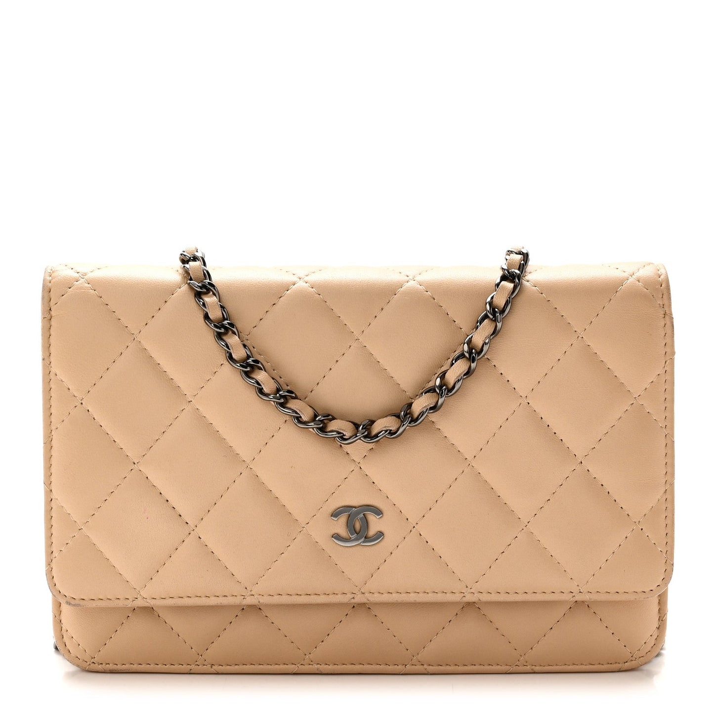 Lambskin Quilted Wallet On Chain WOC Beige