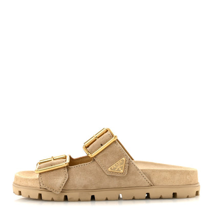 Suede Metal Triangle Logo Womens Double Buckle 20mm Slide Sandals 36.5 Ecru
