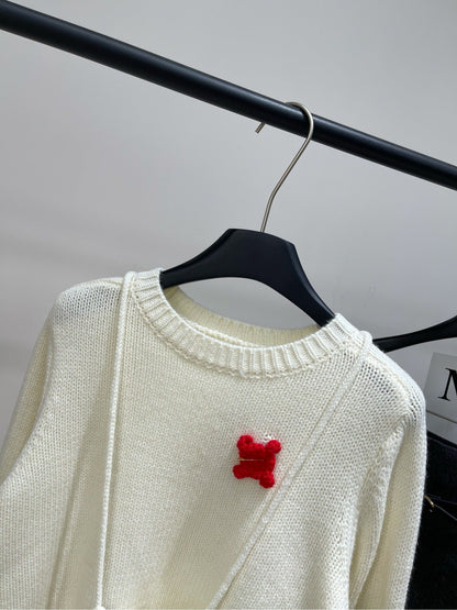 CE Beige Crew Neck Sweater with Brooch Decoration Wool Blend 320825