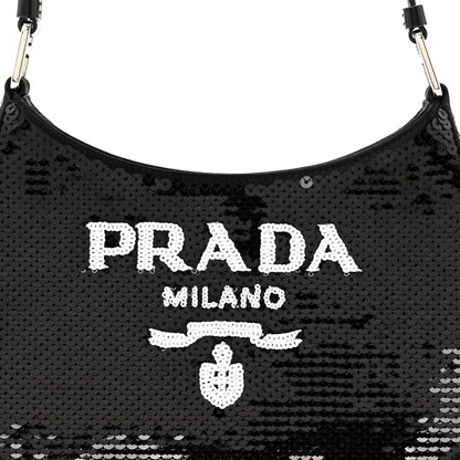 Paillettes Sequin Logo Cleo Adjustable Strap Shoulder Bag Black White