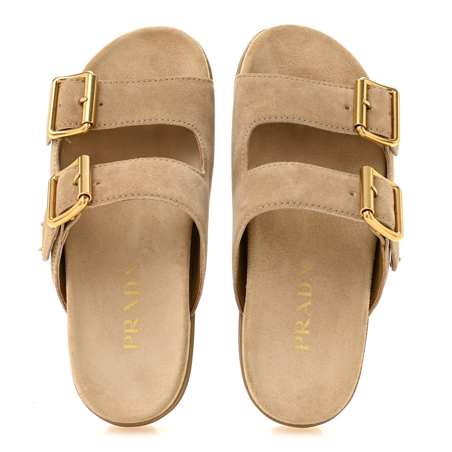 Suede Metal Triangle Logo Womens Double Buckle 20mm Slide Sandals 36.5 Ecru